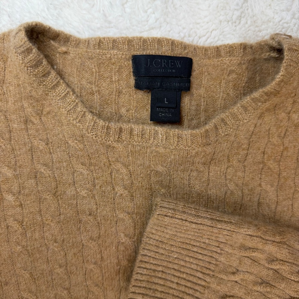 J.Crew Collection Italian Cashmere Cable Knit Shoulder Button Sweater Camel L